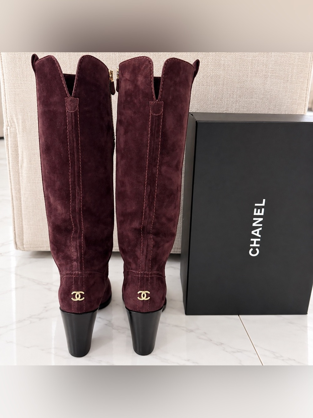 Chanel knee-high boots crafted in rich burgundy/bordeaux suede cc logo gold